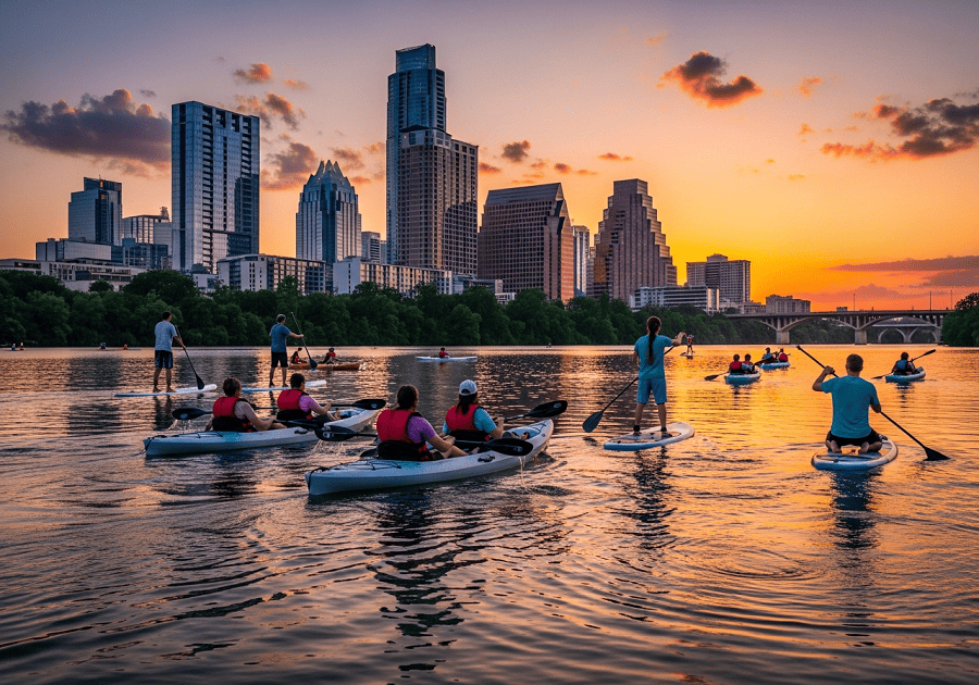 Kayaking on Lady Bird Lake with Austin skyline showing Austin outdoor travel experience