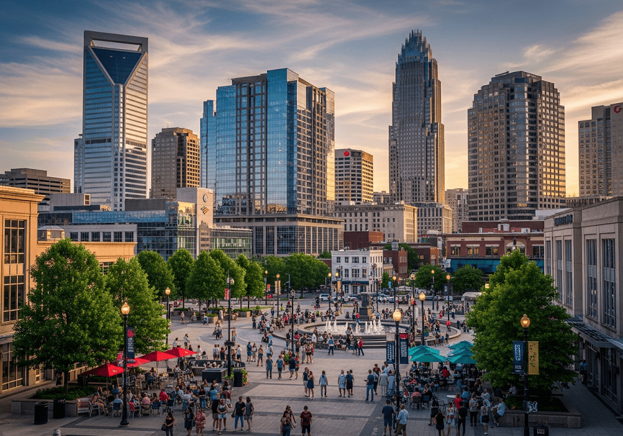 Charlotte Uptown skyline and city plaza showing Charlotte travel experience