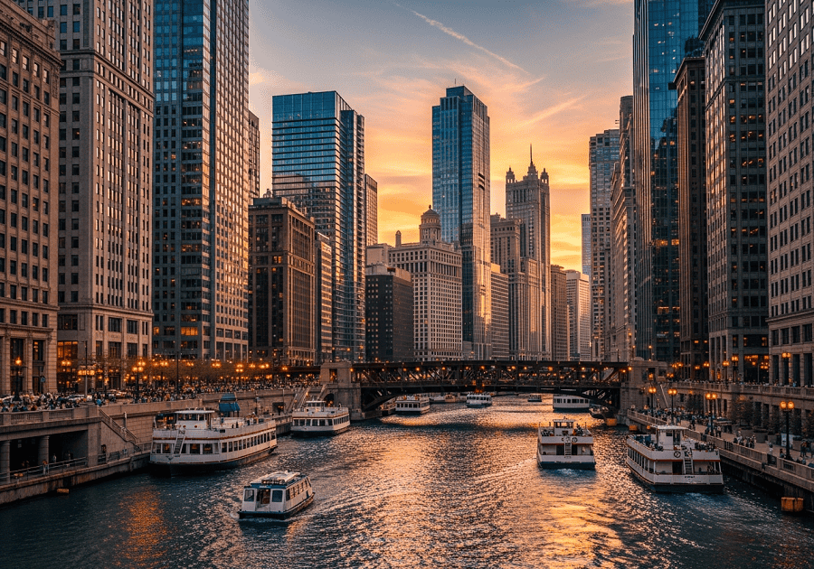 Chicago Riverwalk with skyscrapers and boats showing the Chicago travel experience