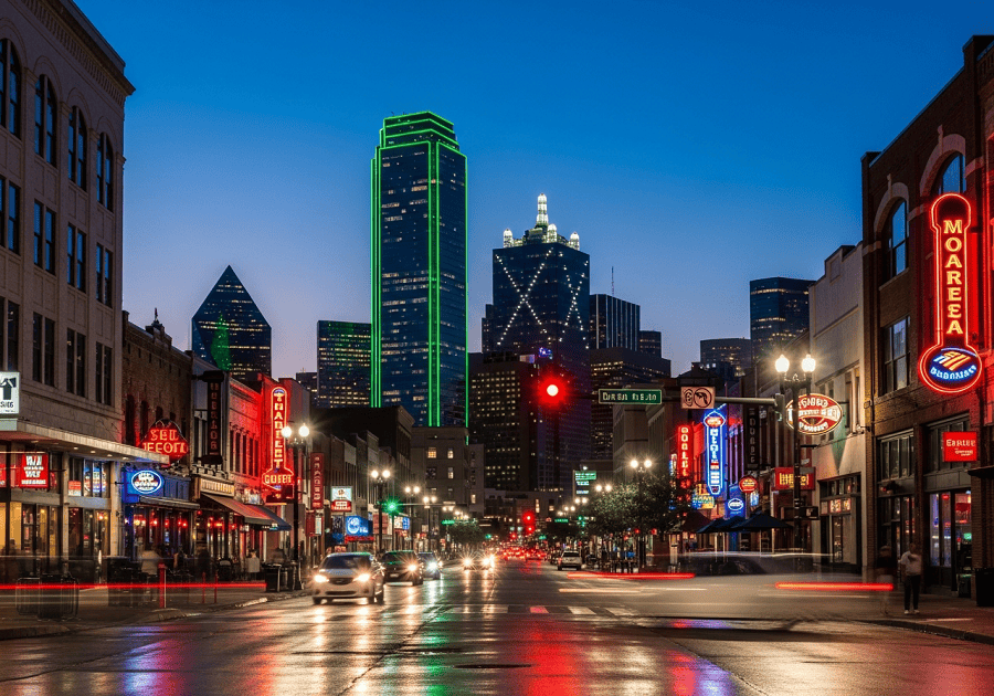 Downtown Dallas nightlife with restaurants and skyline showing Dallas travel experience