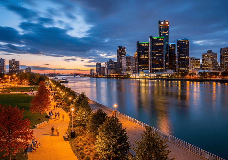 Detroit Riverwalk waterfront with skyline showing Detroit travel experience