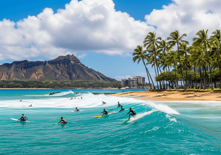 Waikiki Beach with surfers and Diamond Head crater showing Honolulu travel experience