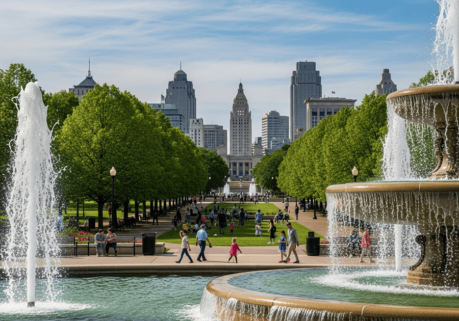 Kansas City fountains with skyline showing Kansas City travel experience