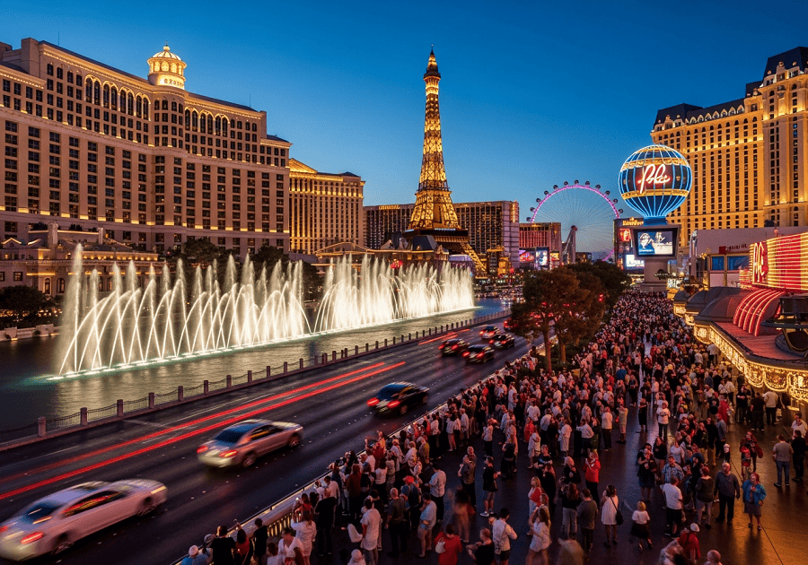Las Vegas Strip at night with neon casino lights and crowds showing the Las Vegas travel experience