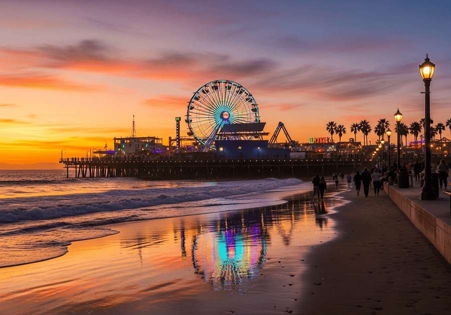 Santa Monica Pier at sunset with Ferris wheel and beach showing Los Angeles travel experience