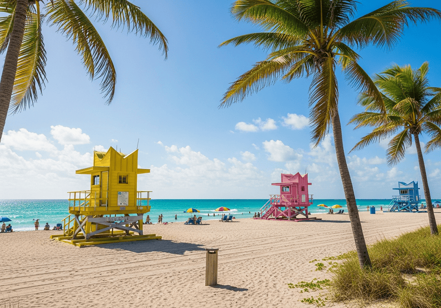 South Beach Miami with colorful lifeguard towers and turquoise ocean showing Miami travel experience