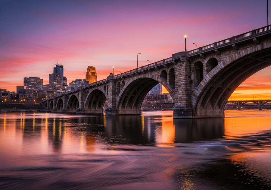 Stone Arch Bridge in Minneapolis with skyline showing Minneapolis travel experience
