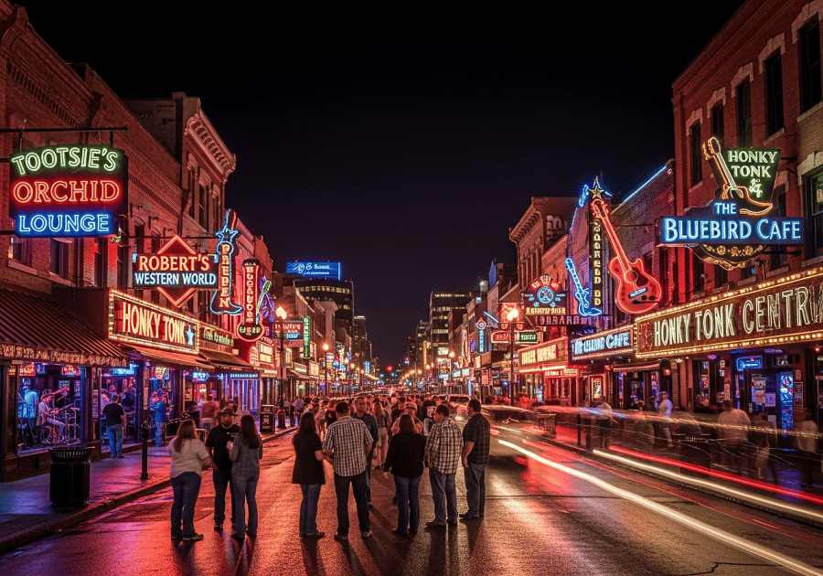 Broadway street in Nashville with neon music bars showing Nashville nightlife experience