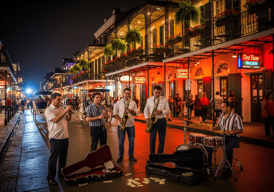 French Quarter street with balconies and jazz music showing New Orleans travel experience