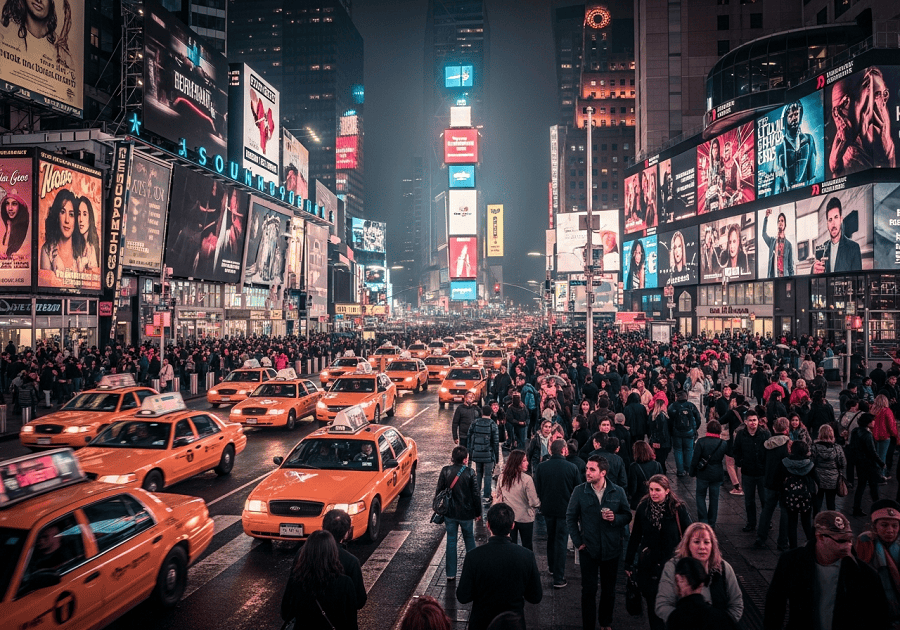 Times Square at night with bright lights and crowds showing the New York travel experience
