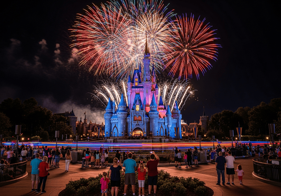 Orlando theme park castle with fireworks and visitors showing the Orlando vacation experience