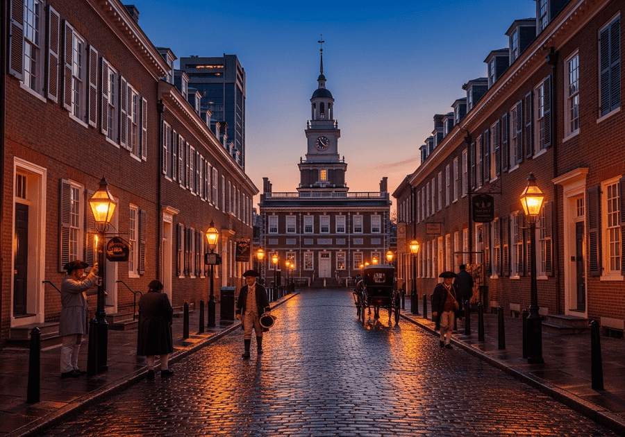 Historic Philadelphia street near Independence Hall showing Philadelphia travel experience