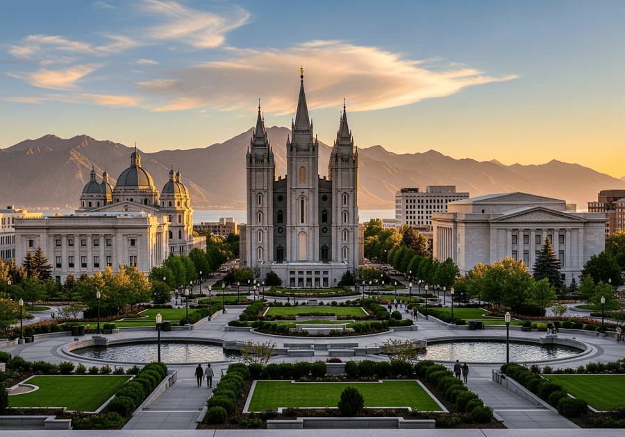 Temple Square in Salt Lake City with mountains in background showing travel experience