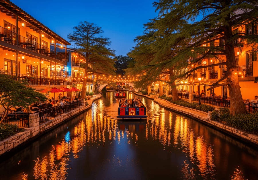 San Antonio River Walk with restaurants and boats showing San Antonio travel experience