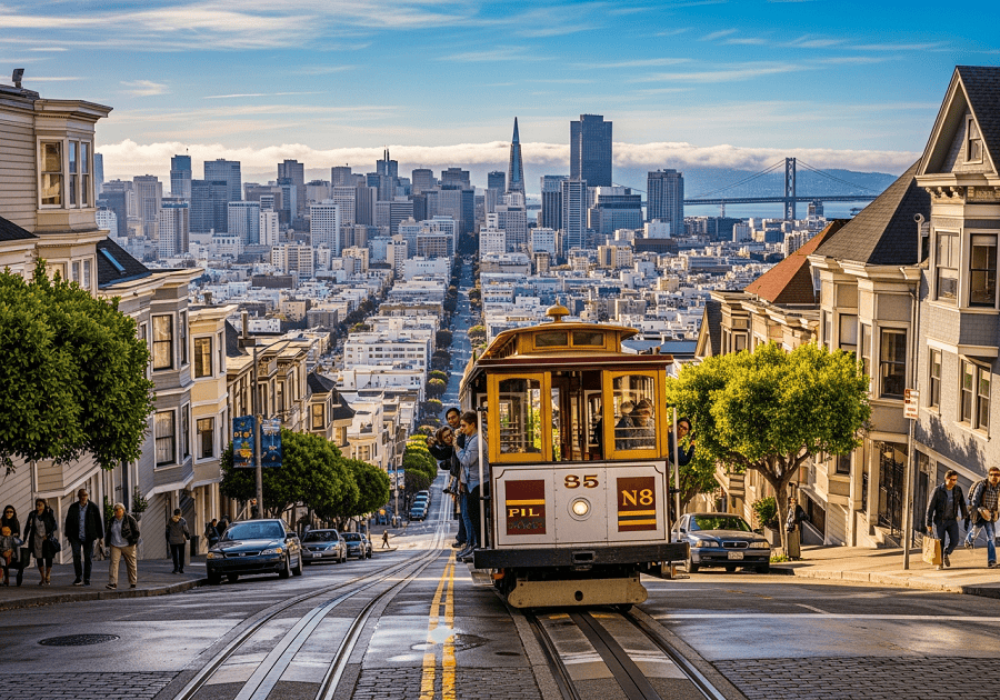 San Francisco cable car climbing a steep street showing the San Francisco travel experience