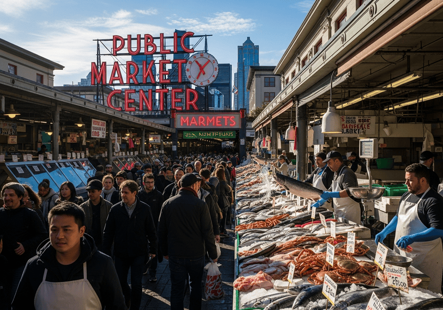 Pike Place Market in Seattle with market sign and visitors showing Seattle travel experience