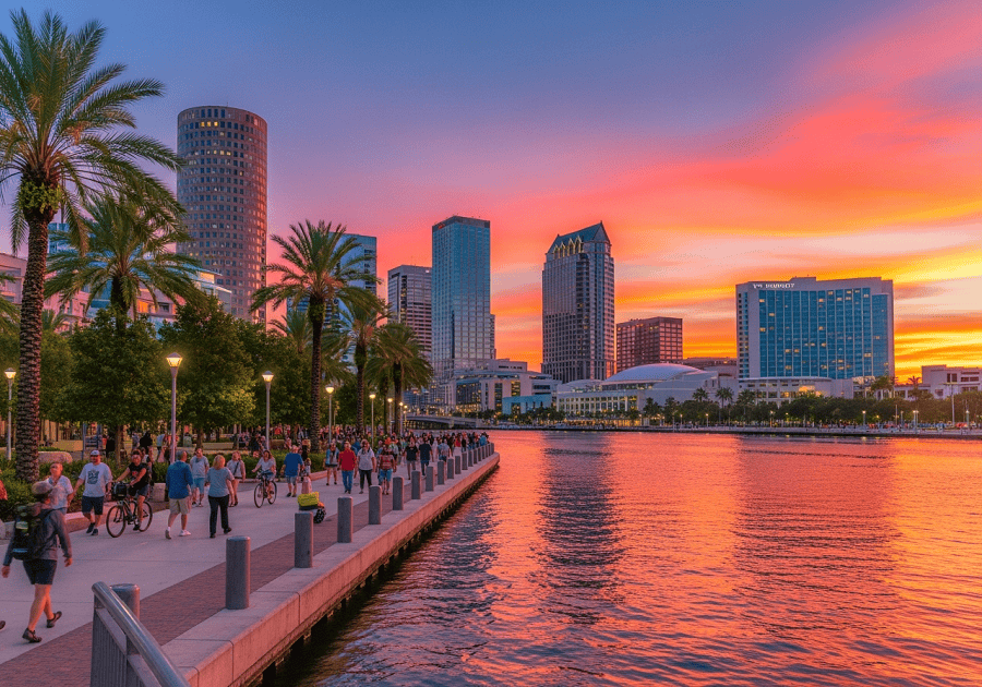 Tampa Riverwalk waterfront with skyline showing Tampa travel experience