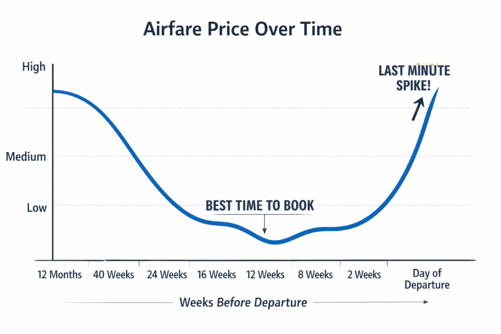 Airfare price over time graph showing best time to book flights and last-minute price increases before departure