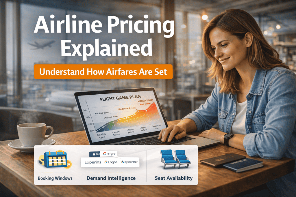 Woman analyzing airline pricing trends on a laptop showing flight cost graph in airport lounge
