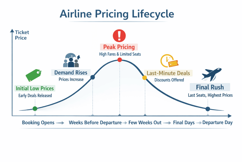 Airline pricing lifecycle chart showing stages from early low prices to peak pricing and last-minute fare increases