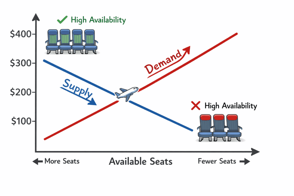 Airline ticket pricing supply and demand chart showing prices rising as available seats decrease and demand increases