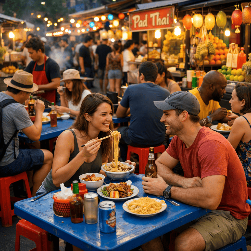 Travelers enjoying affordable street food at a busy outdoor market while dining on a budget
