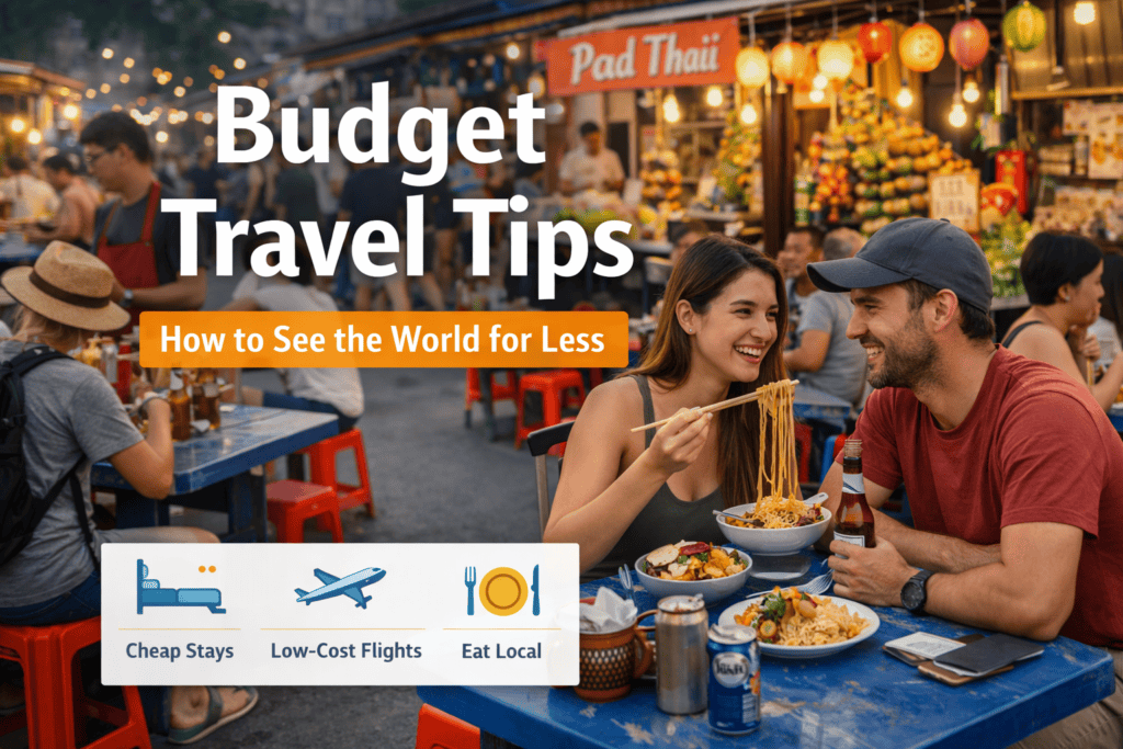 Traveler planning a budget trip with laptop and notebook to save money on flights and travel expenses