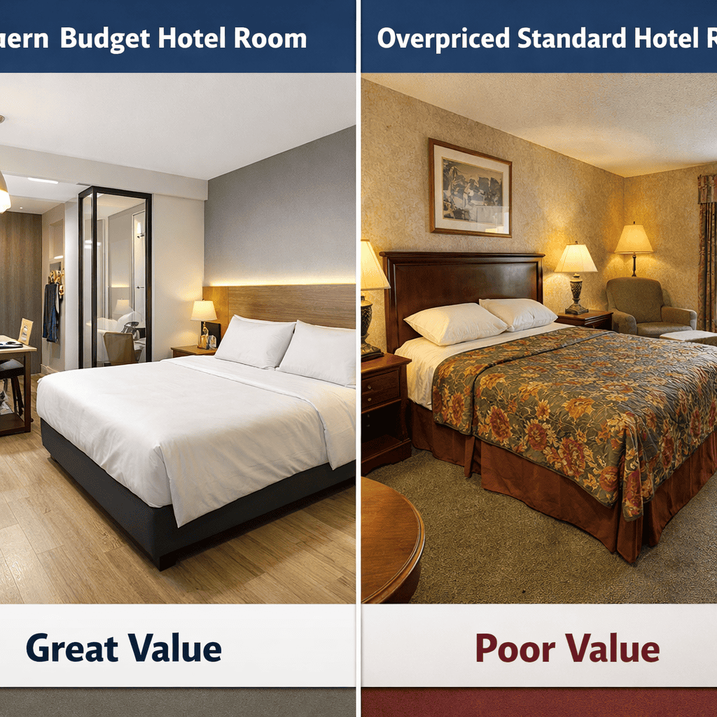 Comparison of a budget hotel room and overpriced hotel room showing differences in value for the same price