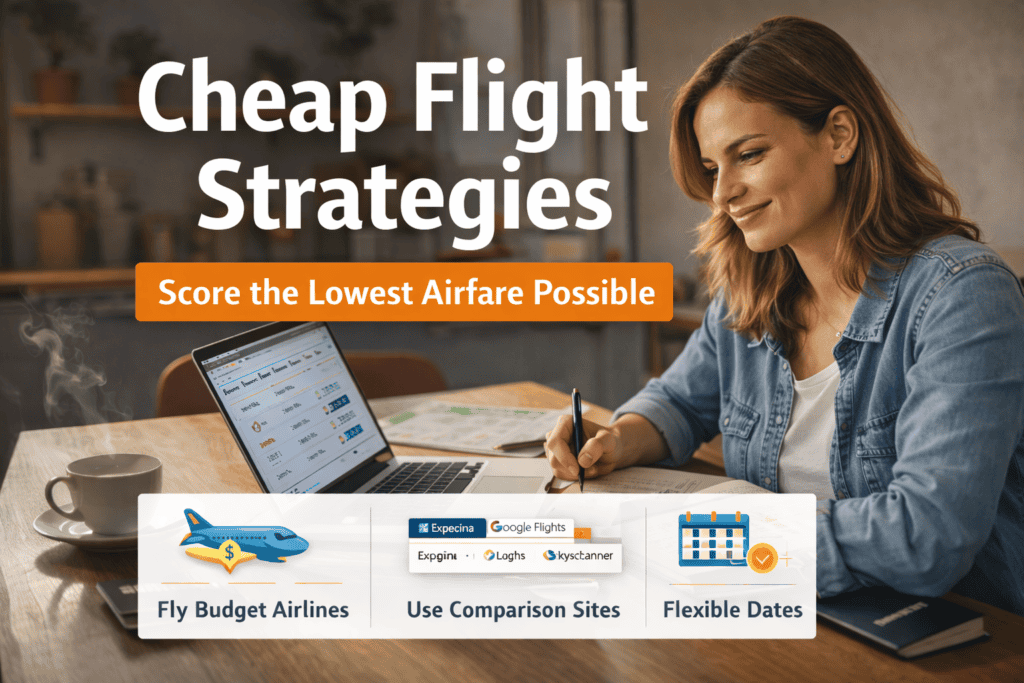 Woman searching for cheap flights online comparing airfare deals on laptop