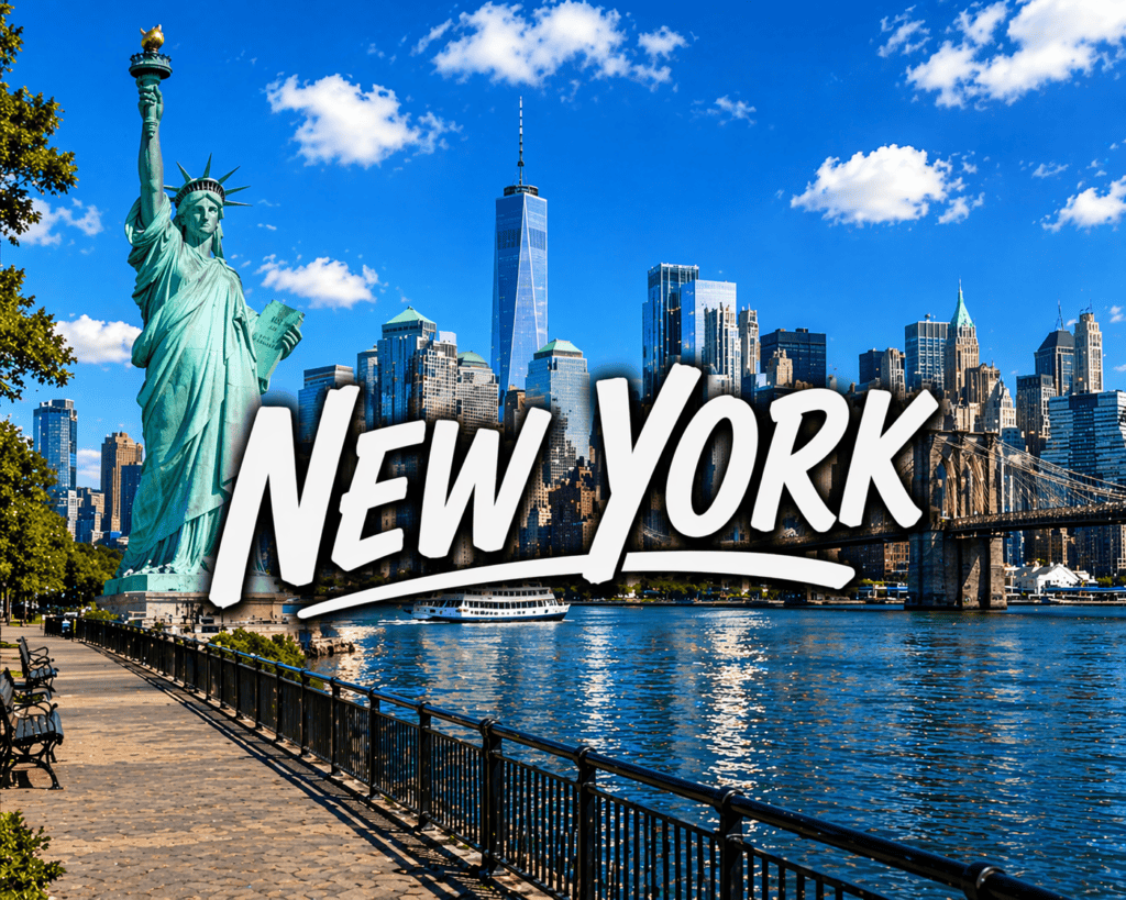 New York skyline under blue sky representing cheap flights to New York