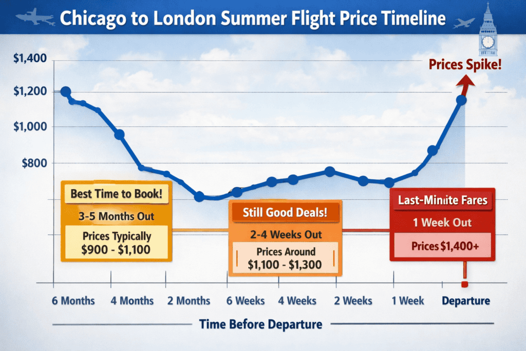 Chicago to London flight price timeline showing best booking window and price increases closer to departure date