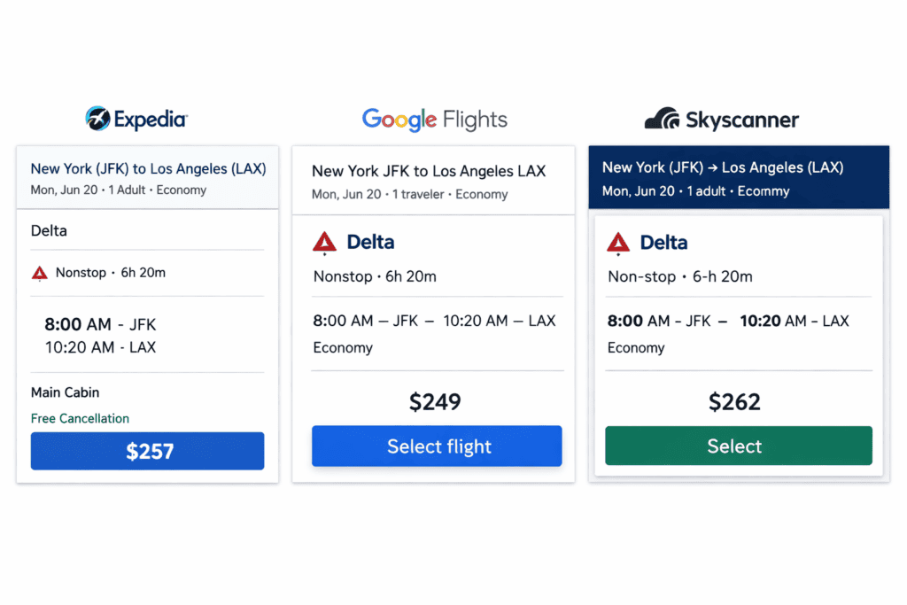 Comparison of flight prices across multiple booking sites showing different fares for the same route