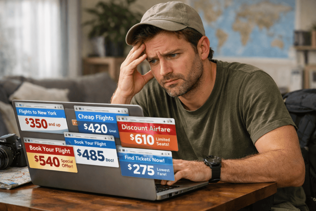 Traveler comparing flight prices across multiple websites with different airfare options displayed on laptop screen