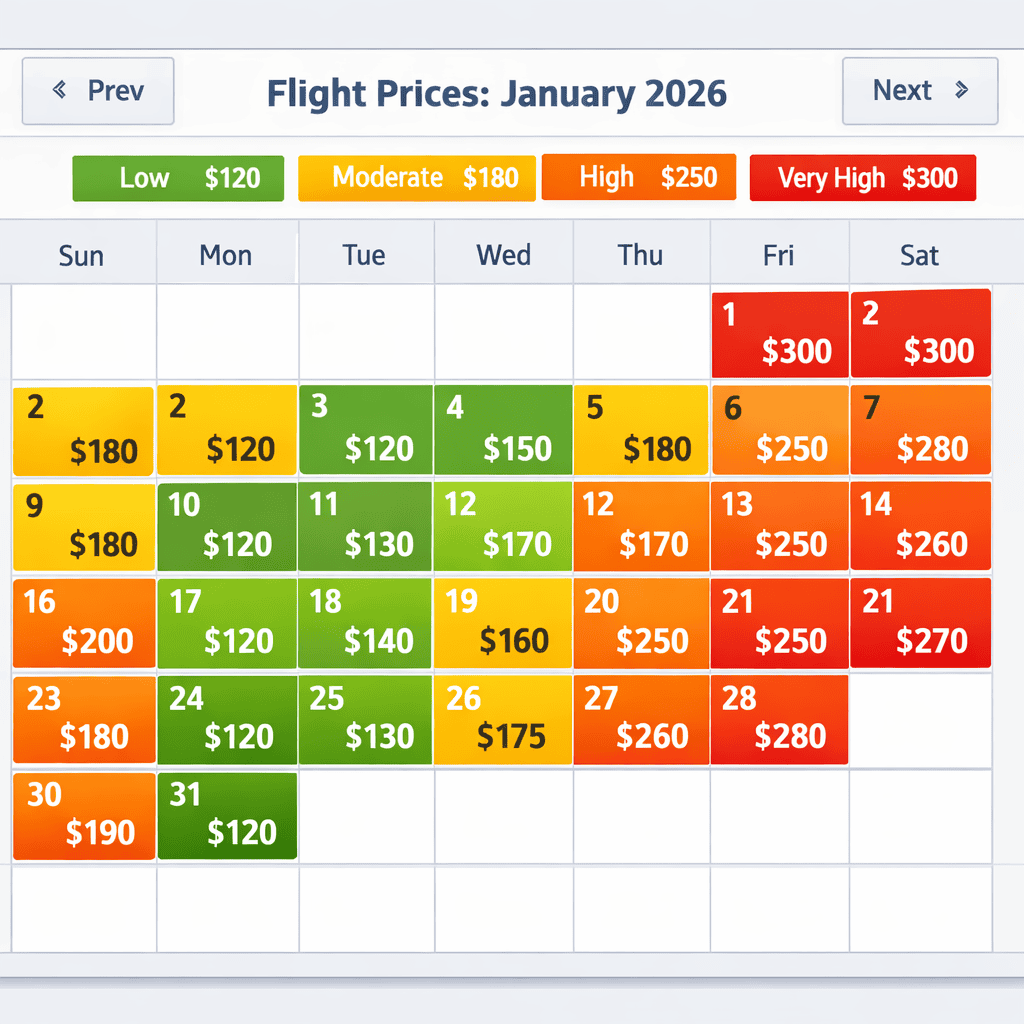 Flight price calendar showing cheapest and most expensive days to book flights with color-coded pricing