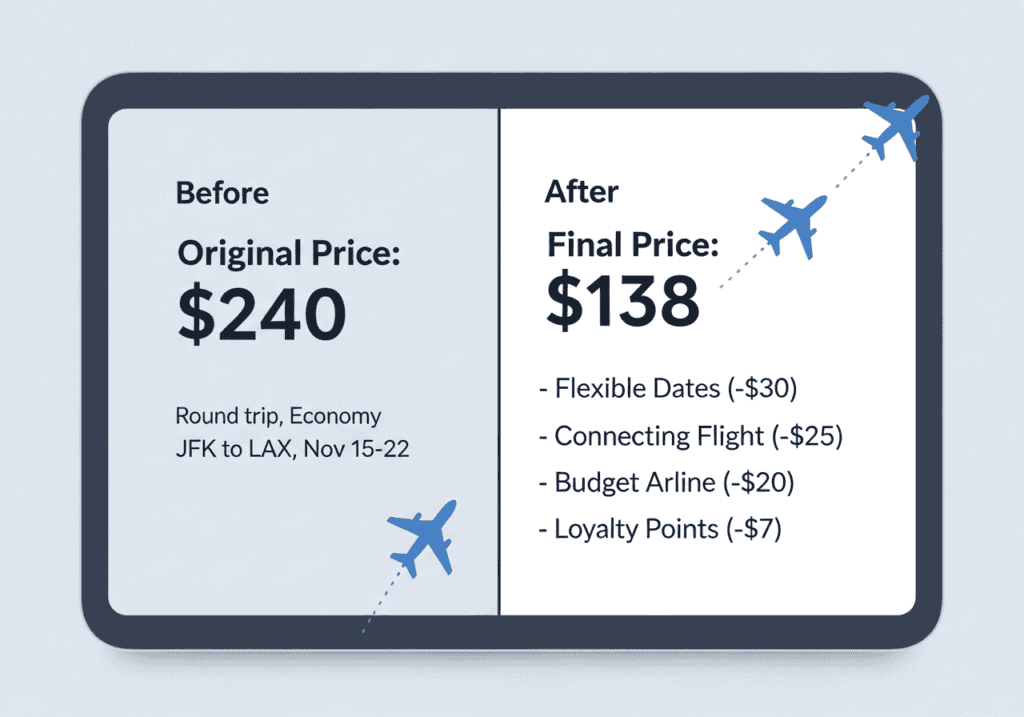 Flight price comparison showing how travel strategies reduced airfare from original price to a lower final booking cost