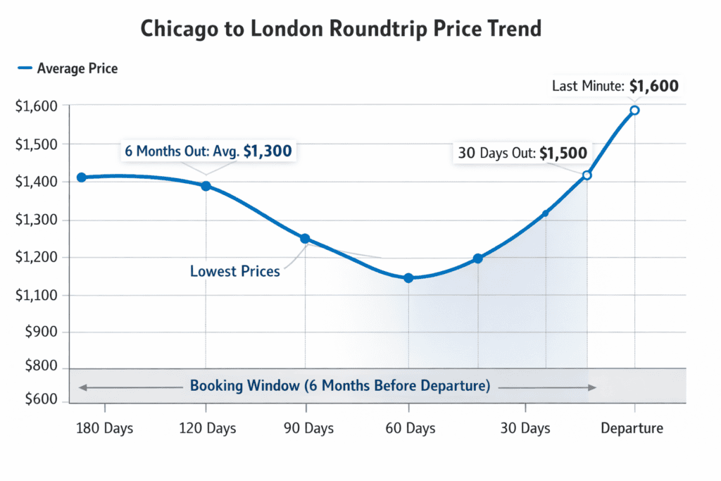 Flight price timeline chart showing Chicago to London roundtrip prices across a six month booking window