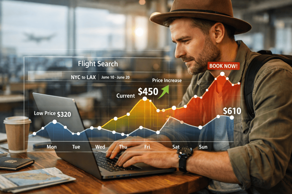 Traveler searching flights on a laptop with a price trend graph showing airfare increasing over time