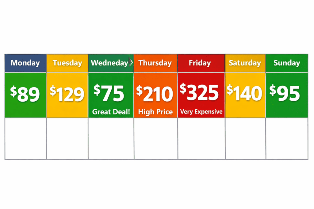 Flight prices by day of week calendar showing cheapest and most expensive days to book flights
