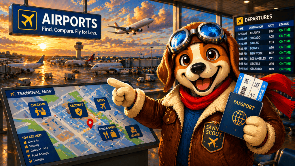 Aviator dog mascot pointing to airport terminal map with airplanes runway and departure board representing FlightSavingsScout.com airport guides and cheap flights from major airports