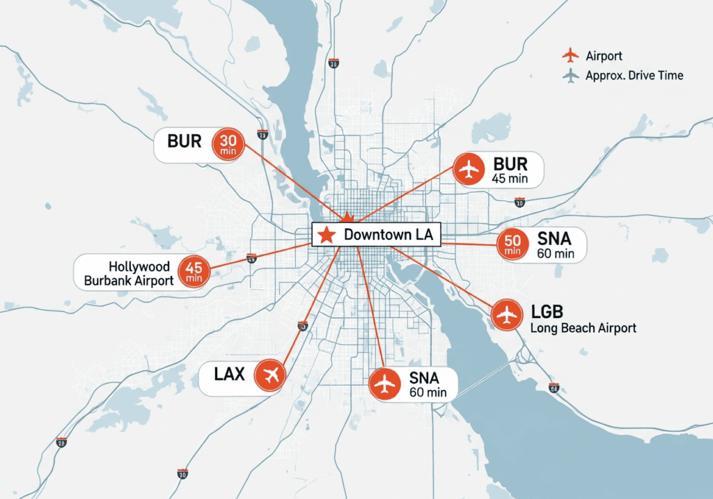 Map showing multiple nearby airports around a city with drive times to help find cheaper flight options