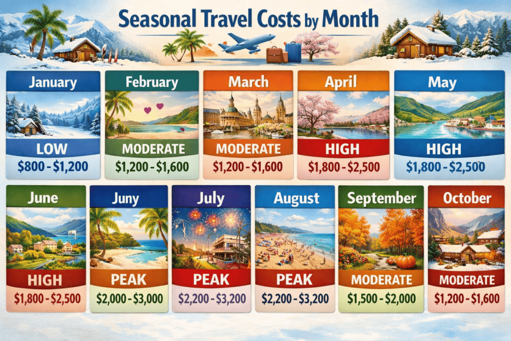 Seasonal travel cost chart showing flight price ranges by month and peak travel periods