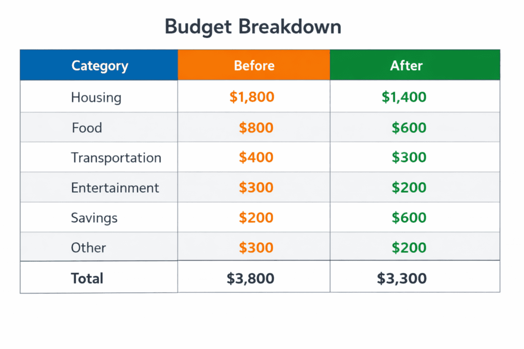 Travel budget breakdown chart comparing expenses before and after applying cost-saving strategies