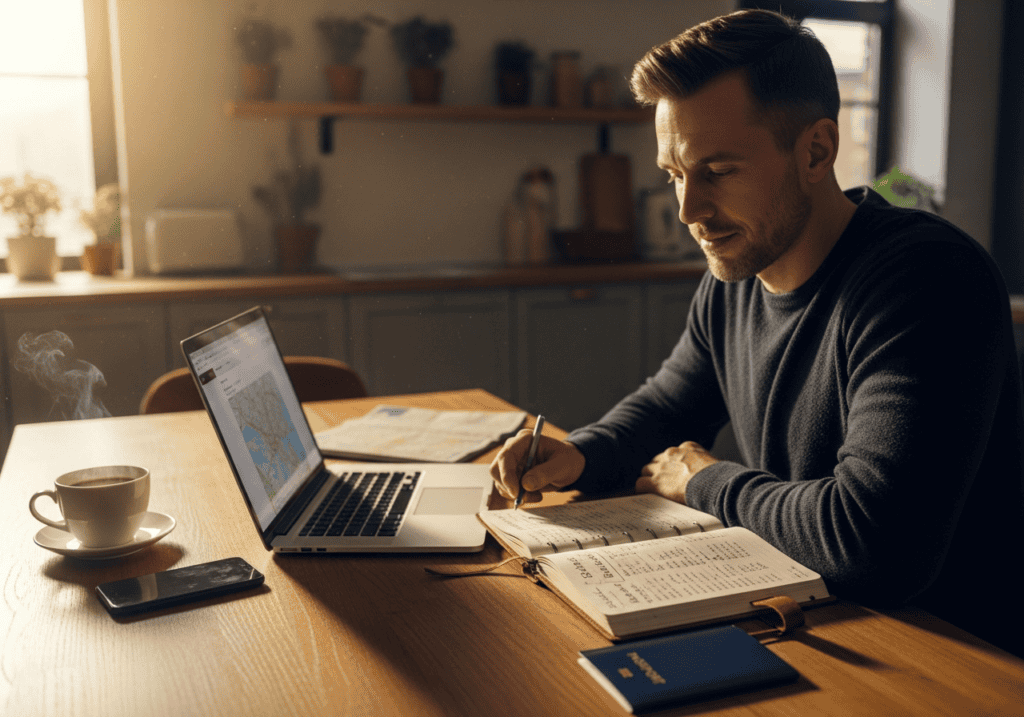 Traveler planning a trip with budget notes, laptop, and passport while organizing travel expenses