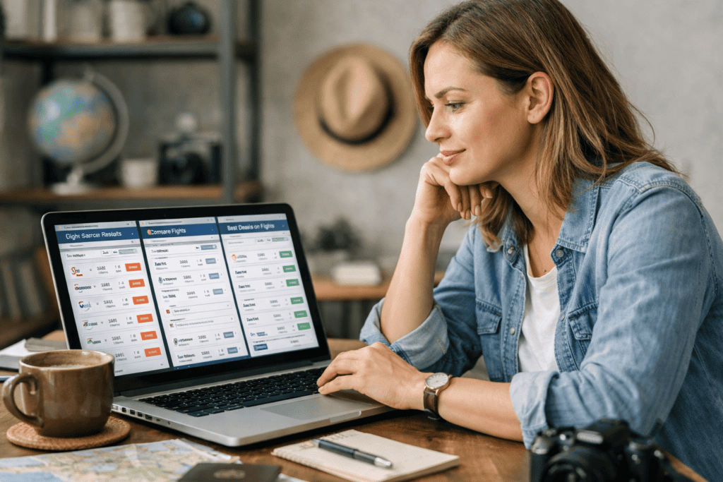 Traveler comparing flights online while planning a trip with multiple options displayed on laptop