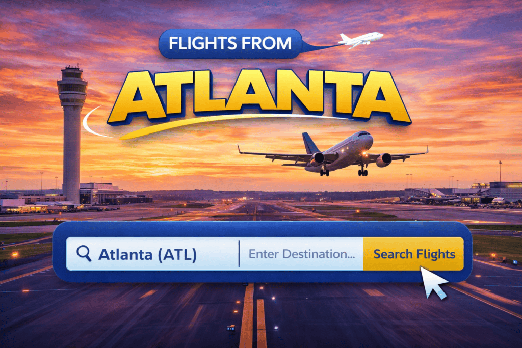 Flights from Atlanta Georgia skyline with airplane departing at sunset