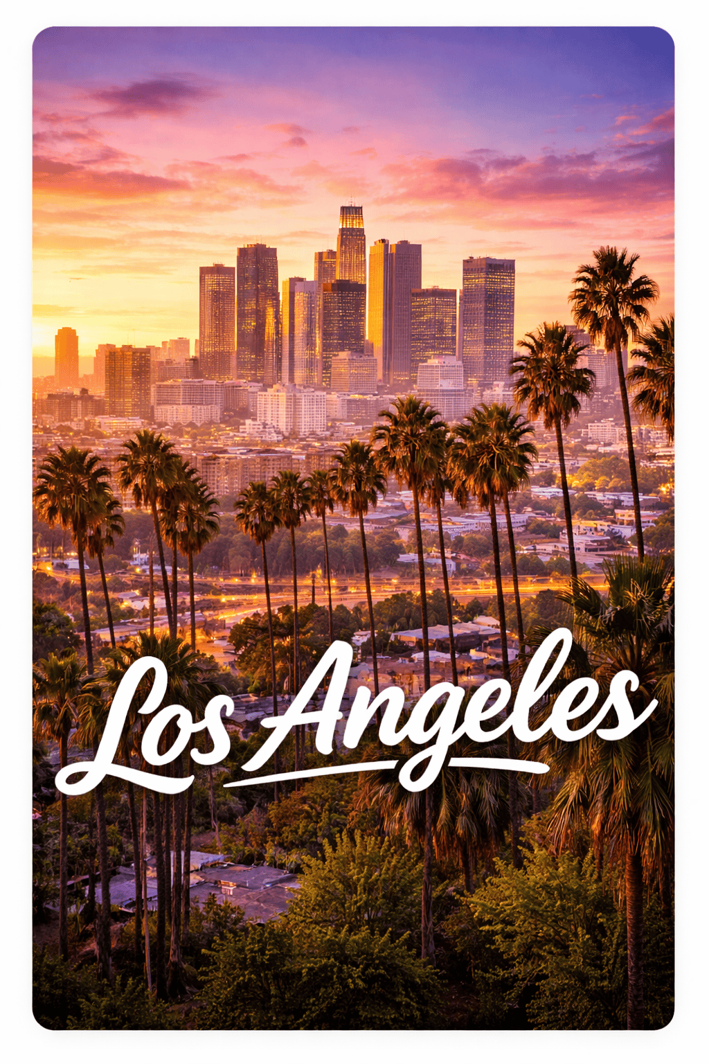 Los Angeles California skyline and palm trees at sunset popular flight destination