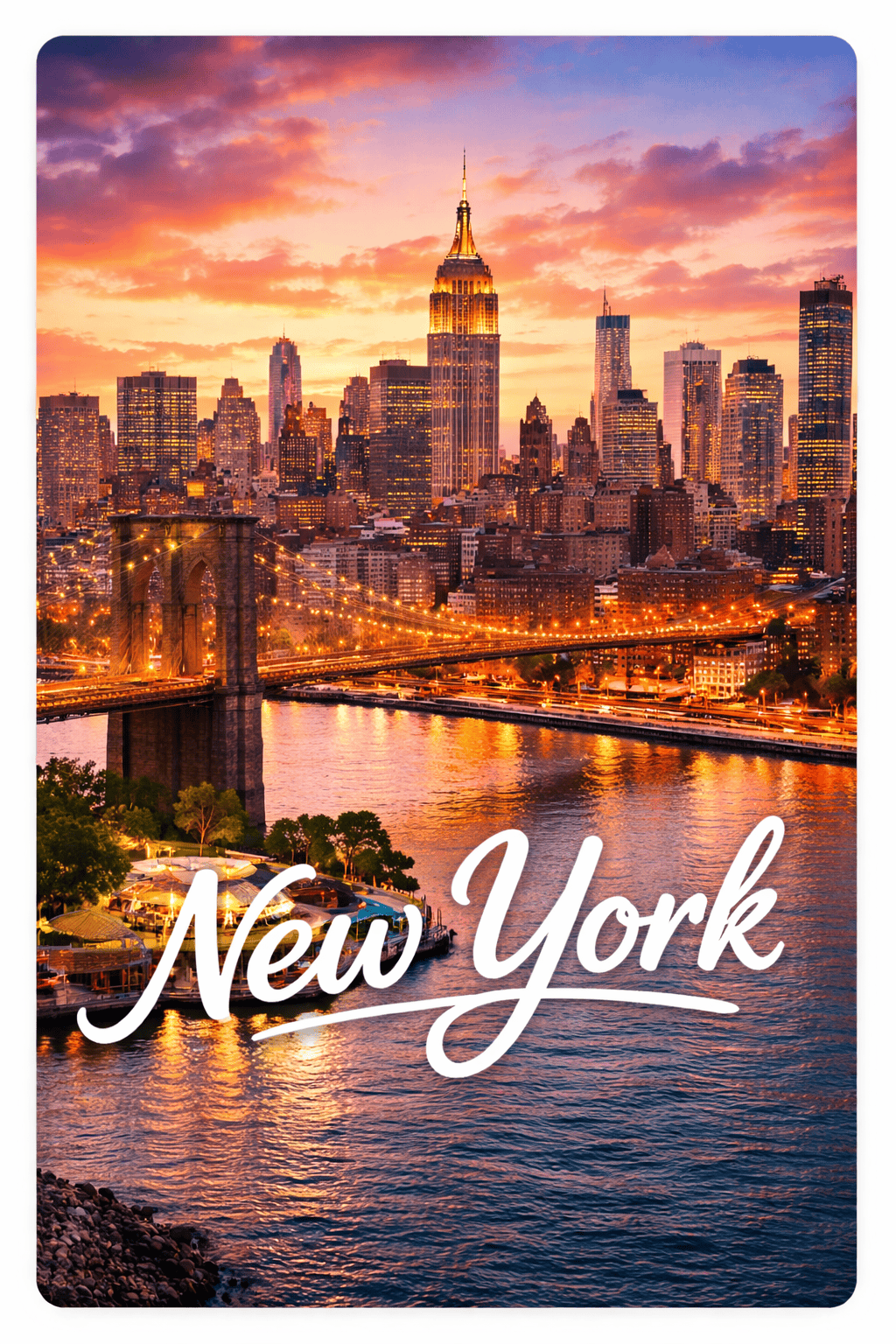 New York skyline and Brooklyn Bridge at sunset popular travel destination