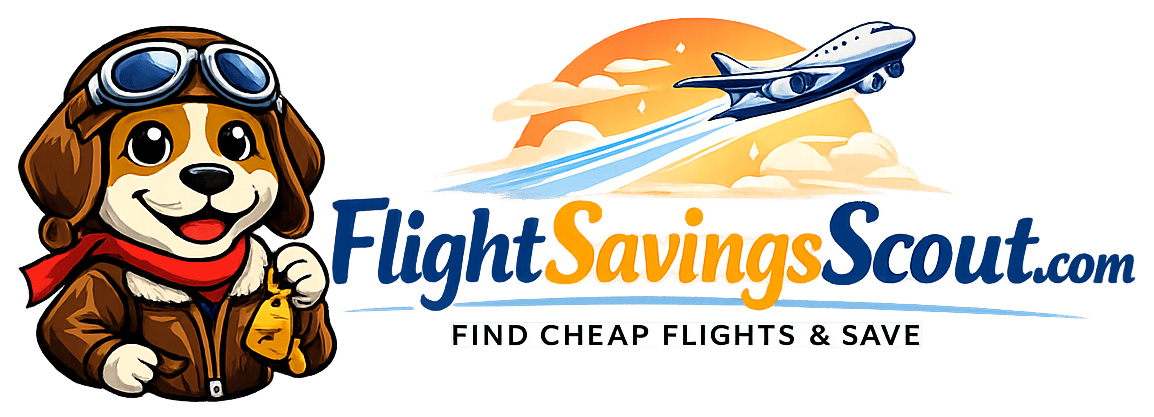 FlightSavingsScout logo with aviator dog holding plane tickets representing cheap flight deals