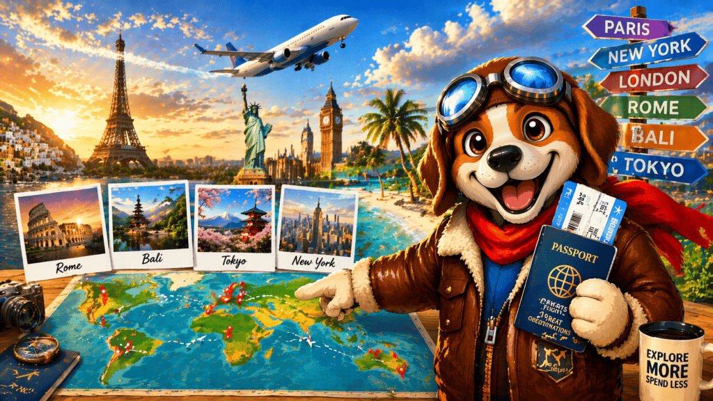 Aviator dog mascot pointing at world map with global destinations landmarks and airplane representing FlightSavingsScout.com destination guides and cheap flights by city